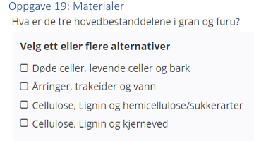 <p>(Materialer: bank) Hva er de tre hovedbestanddelene i gran og furu?</p>