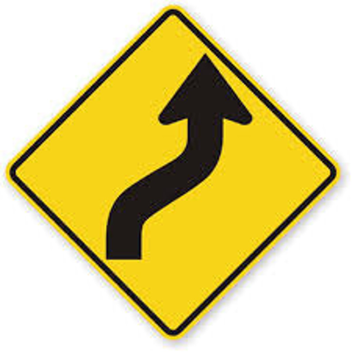 <p>the road ahead curves to the right and then to the left</p>