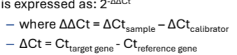 <p>• Calculate relative expression levels compared to a calibrator (control)</p><p>• Value of unknown target is normalised to a reference gene</p><p>• The efficiency of the PCR amplification for the target and reference gene must be approximately equal</p>