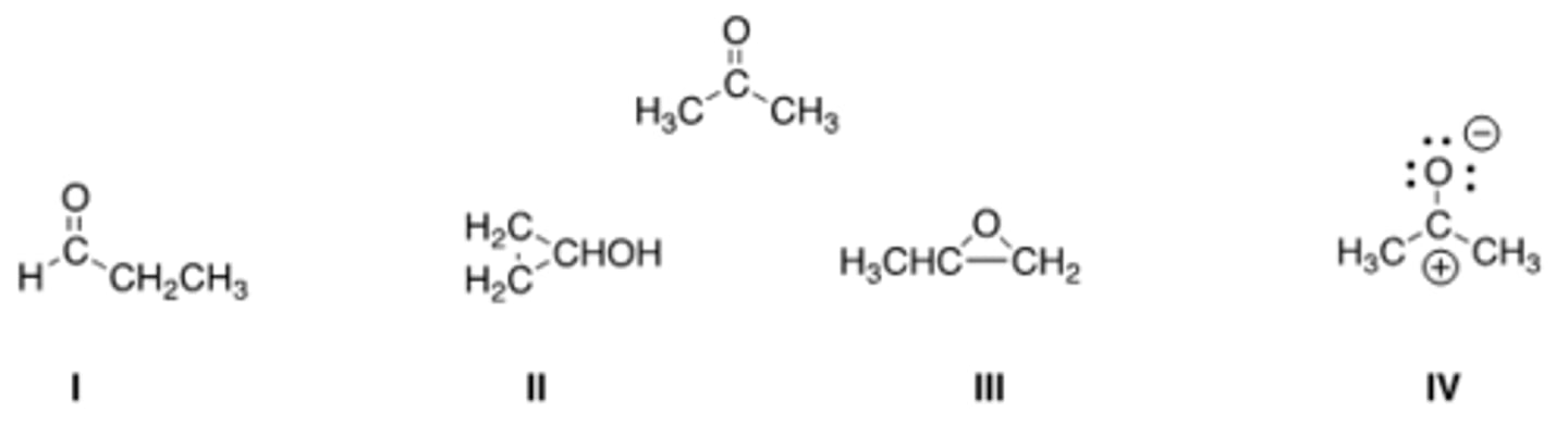 <p>Which of the following is a resonance structure of the compound below?</p><p>A) I</p><p>B) II</p><p>C) III</p><p>D) IV</p>