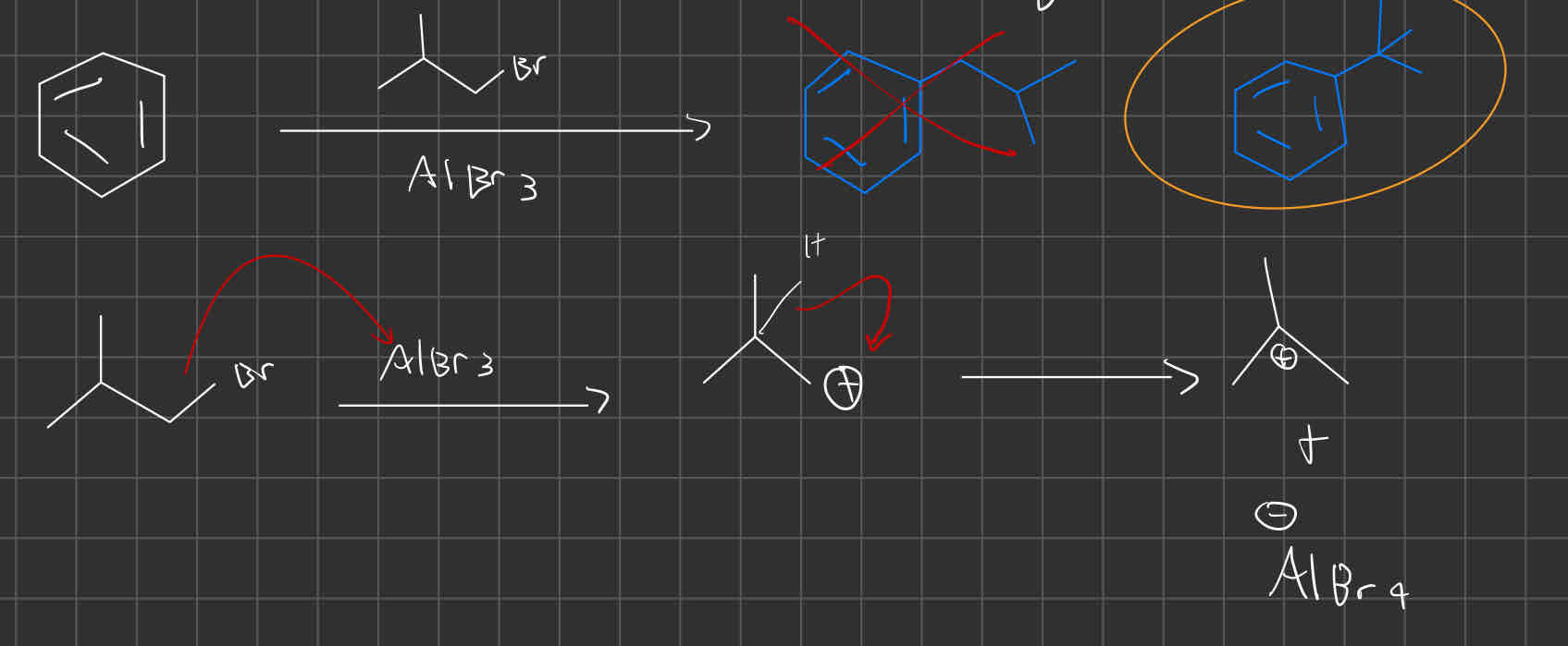 <p>Friedel-Crafts Alkylation — adds alkyl group to ring</p><p>Alkyl halide, catalyst</p><p>Ex:</p><p>Br—CH3, AlBr3</p><ul><li><p>Watch out for carbocation rearrangements; the alkyl halide may rearrange to make a more stable carbocation.</p></li></ul>