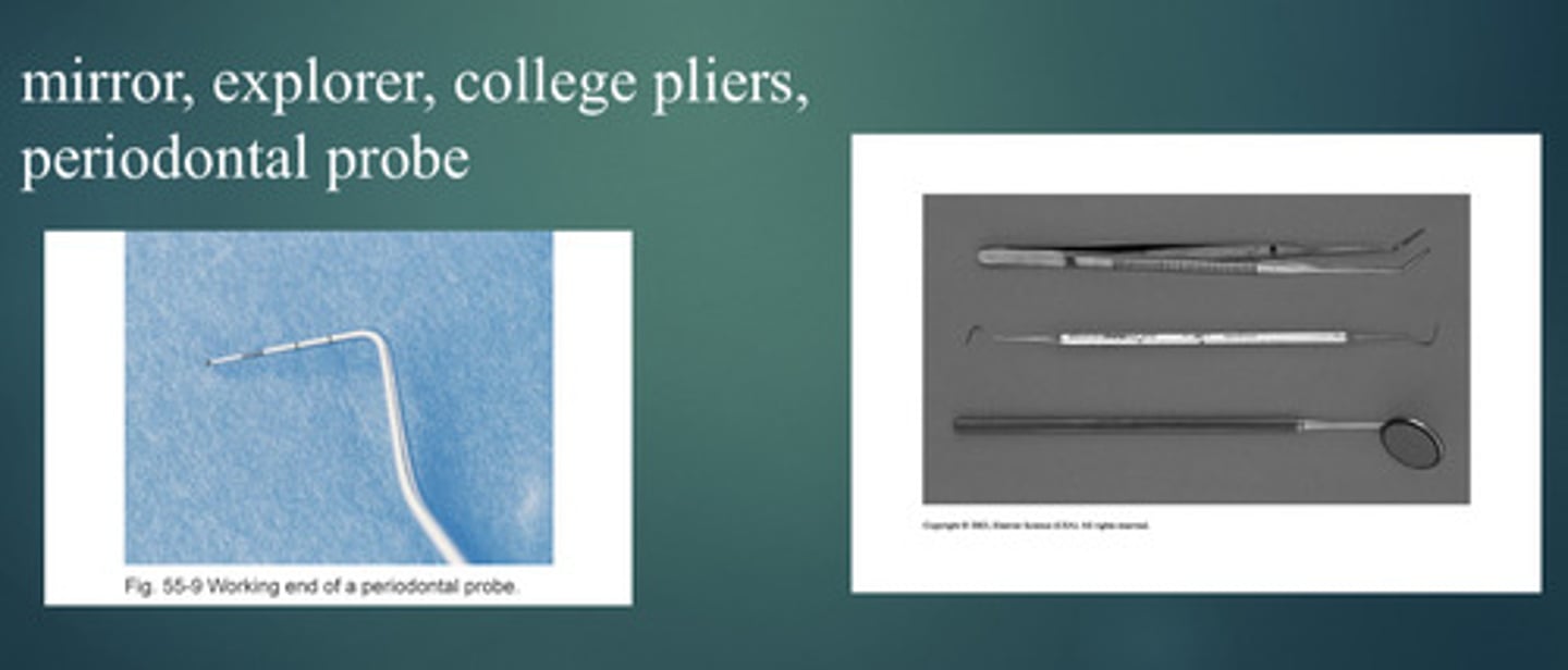<p>Exam oral cavity</p><p>- mirror, explorer, college pliers, periodontal probe</p>