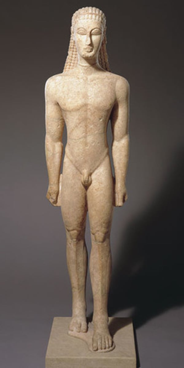 <p>Name: Kouros</p><p>Time Period: 590-580 BCE</p><p>Medium: Marble</p>