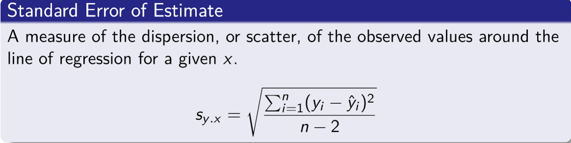 <p>Measures dispersion along the regression line</p><p>Formula: image attached </p><p>If the standard error estimate is small it indicates the data is relatively close to the regression line and the regression equation can be used to predict y with little error</p>