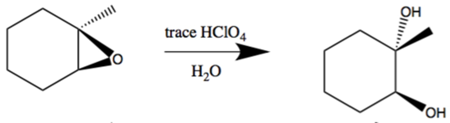 <p>OH and OH add anti.</p><p>Solvent is H2O.</p><p>with trace HClO4</p>