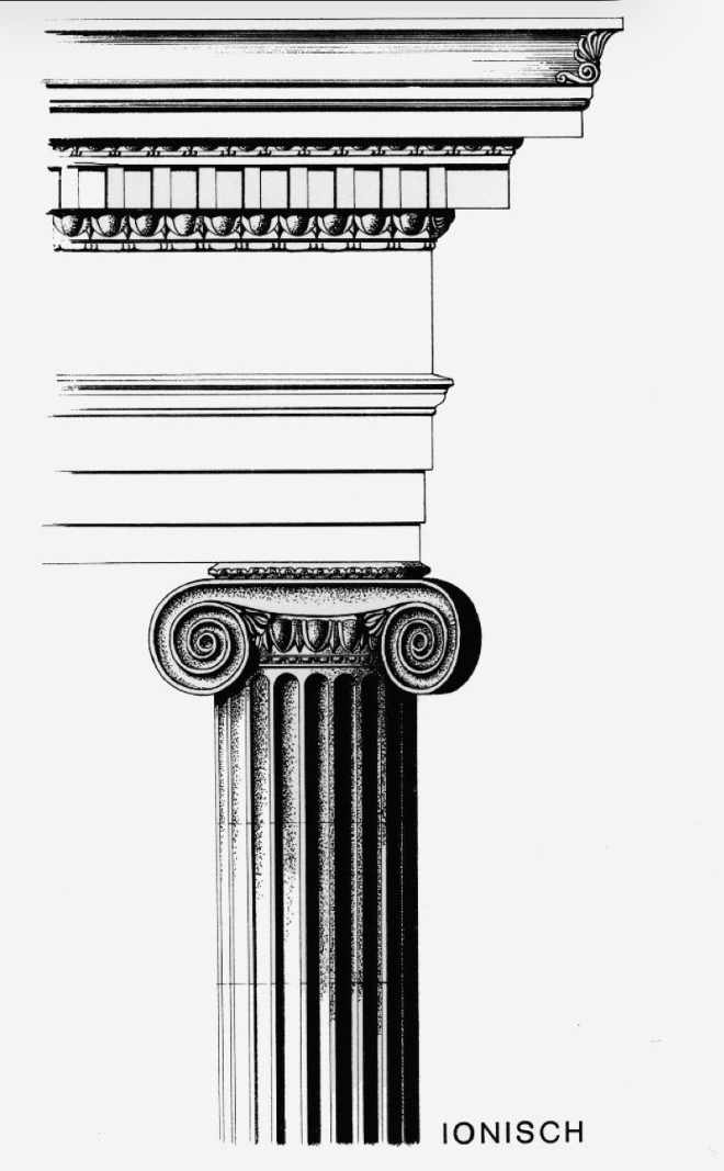 <p>Säulen mit kanneliertem Schaft, meist einfache Basis, Kapitell aus tendenziell kantenparallelen Voluten und Eierstab, dünne Deckplatte; Fries </p><p></p>