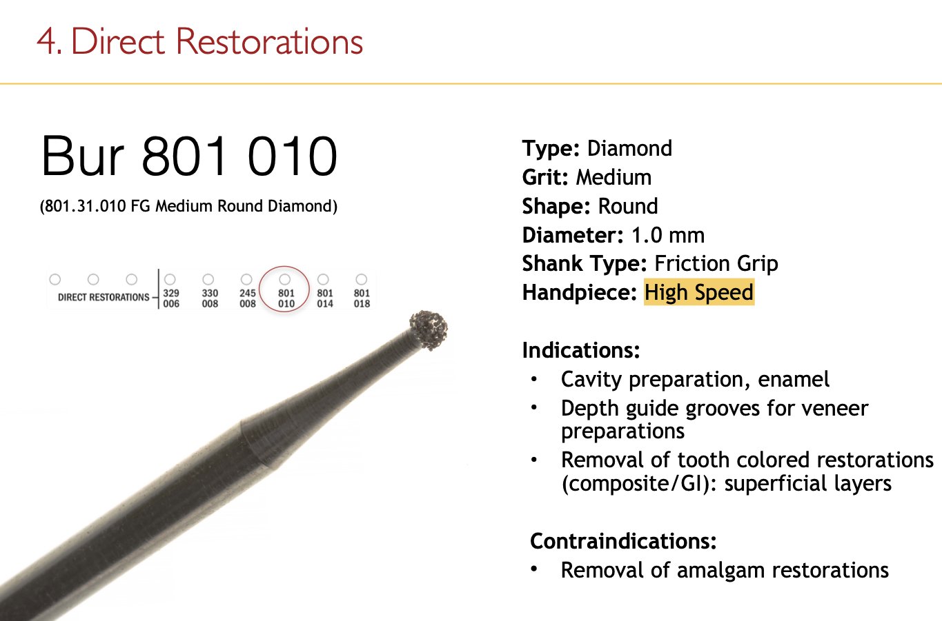 <p>– Round diamond 1.0 mm. Cavity prep, veneer grooves, composite removal. <em>Not for amalgam.</em></p>