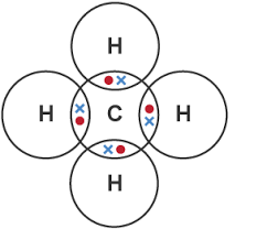 <ul><li><p>four single shared pairs of electrons</p></li><li><p>between four hydrogen atoms</p></li><li><p>and one carbon atom</p></li></ul>