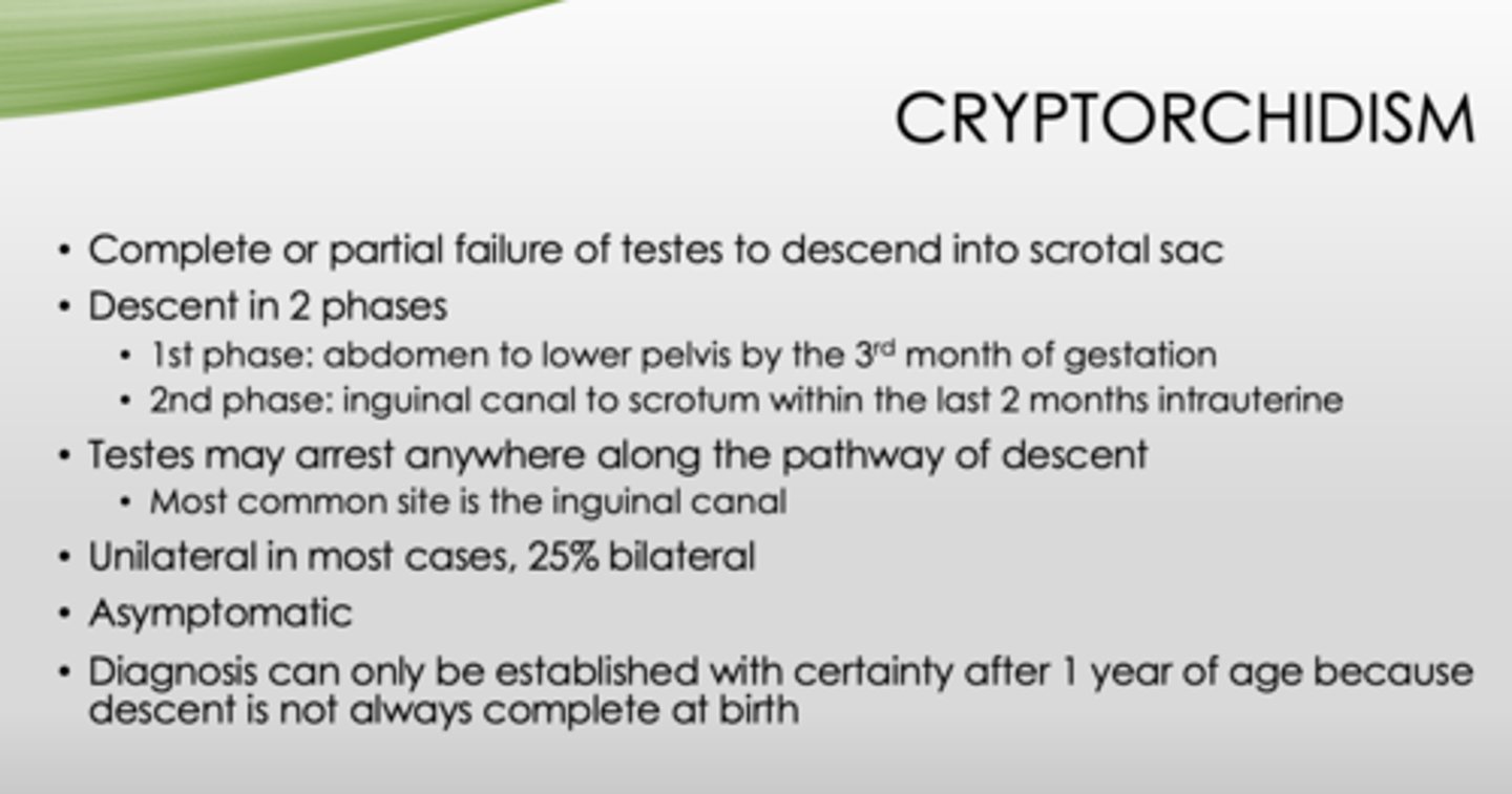 <p>False (asymptomatic - only after 1 year b/c descent is not always complete at birth)</p>