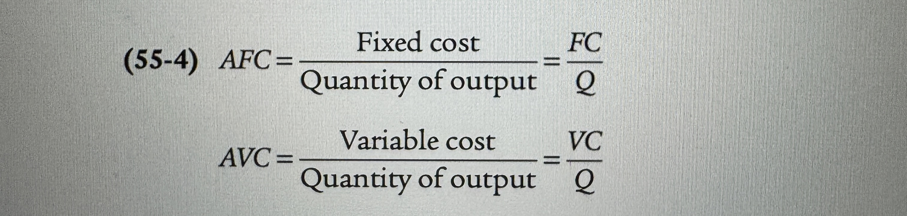 <p><strong>Average fixed cost</strong> is the fixed cost per unit of output.</p><p><strong>Average variable cost</strong> is the variable cost per unit of output.</p>