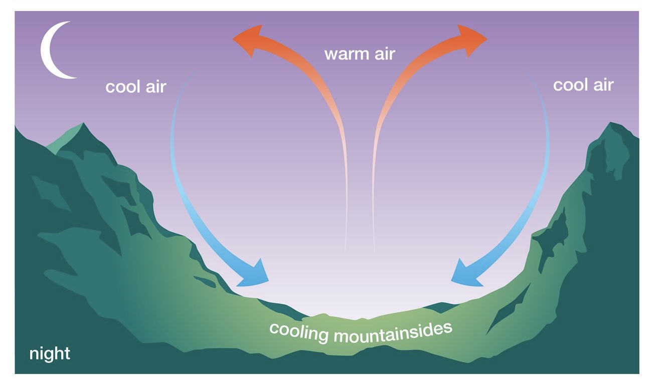 <ul><li><p>Occurs at night</p></li><li><p>“Katabatic wind”</p></li><li><p>The air in contact with the mountain slope is cooled down by terrestrial radiation → becomes heavier than the surrounding air → sinks</p></li></ul><ul><li><p>Air sinking → mountain wind (stronger than valley wind, especially in winter)</p></li><li><p>Top of the mountain (H) → ground (L)</p></li></ul><p></p>