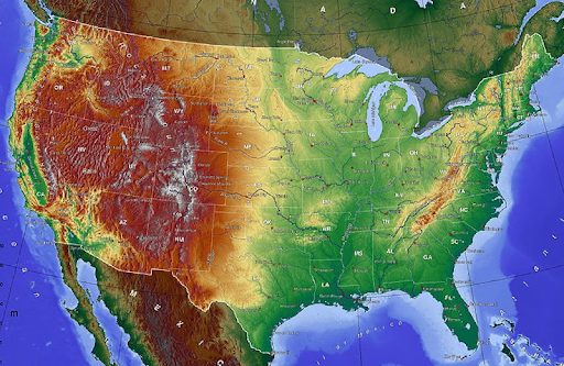 <p>a type of map that shows the physical features and sometimes elevation of a particular area or region in a two-dimensional format</p>