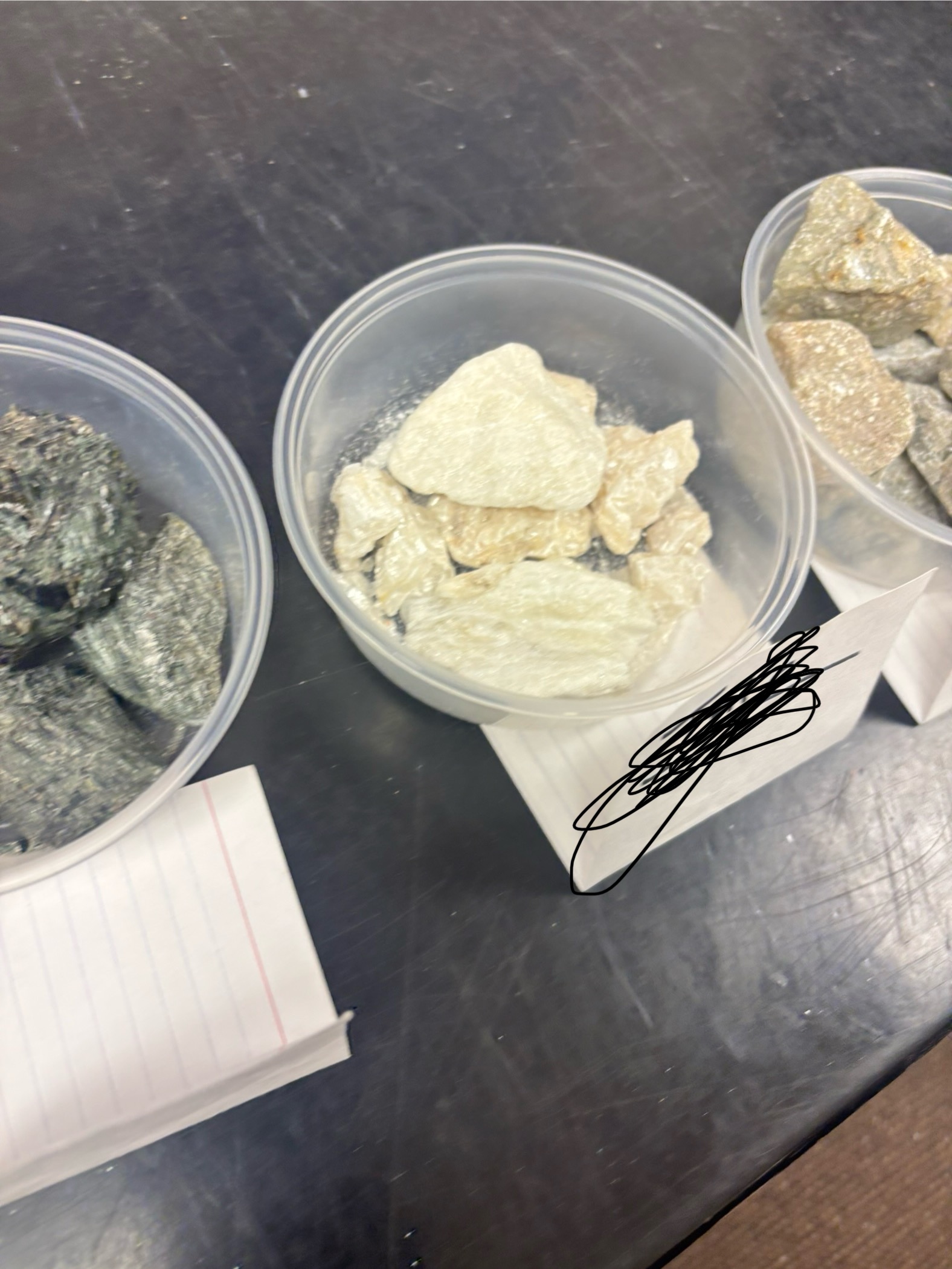 <p>Soft, greasy mineral (hardness 1); forms from ultramafic rocks; used in talcum powder.</p>