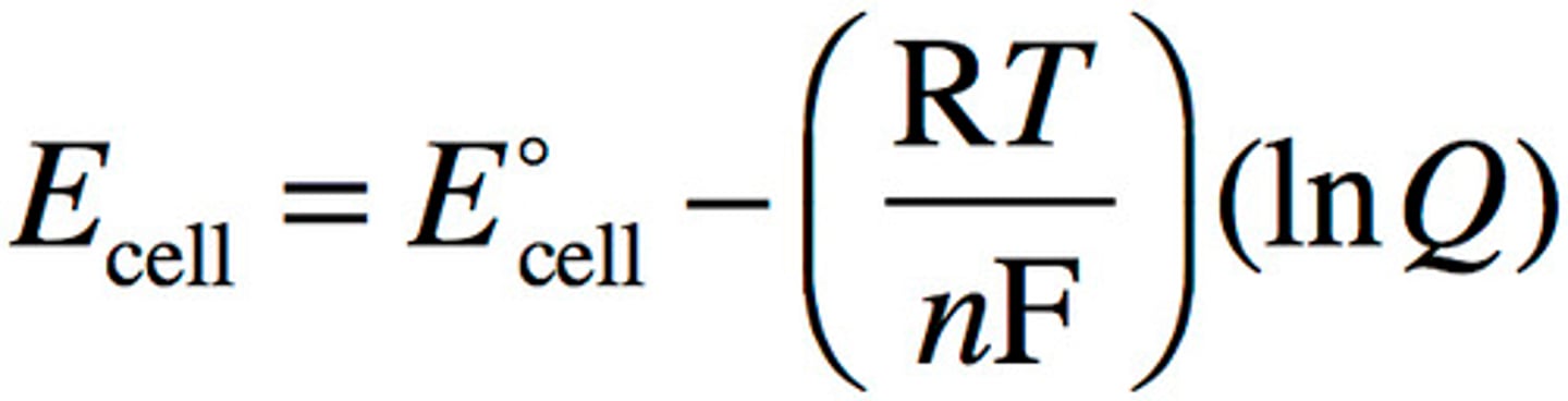 <p>Ecell= E°cell - (RT/nF) (lnQ)</p>