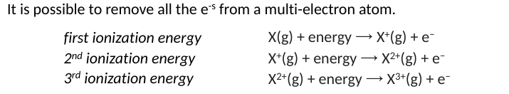 <p></p><p>the product of the first ionization is a ction with a 1+ charge, removing the next e will require more nergy ad each succesive ionization will require an increaing amount of energy</p>