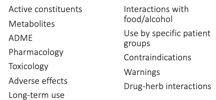 <p></p><p>these are all not well documented for herbal products </p><ul><li><p>we don’t always know how active constituents are metabolised in the body and what metabolites we end up with </p></li></ul><p></p>
