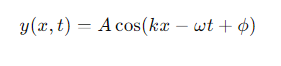 <ul><li><p>A= the amplitude,</p></li><li><p>k= the wave number,</p></li><li><p>ω= the angular frequency,</p></li><li><p>t= time,</p></li><li><p>x= position,</p></li><li><p>ϕ= the phase constant.</p></li></ul><p></p>
