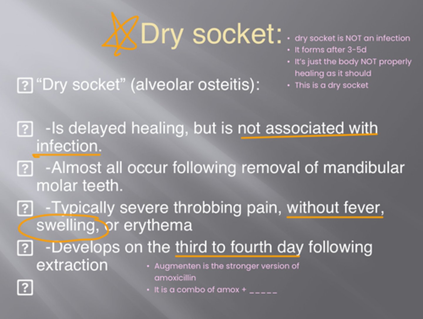 <p>____ _____ is aka Alveolar osteitis, </p><p>Delayed healing of extraction site that is NOT associated w infection , almost always occur following removal of mandibular molar teeth, typically causes severe throbbing pain without fever or swelling</p><p>- develops on the 3rd or 4th day after ext </p><p>- on quiz/KNOW</p>