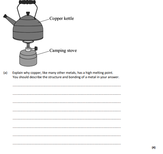 <p>explain why copper, like many other metals, has a high melting point. You should describe the structure and bonding of a metal in your answer.</p>