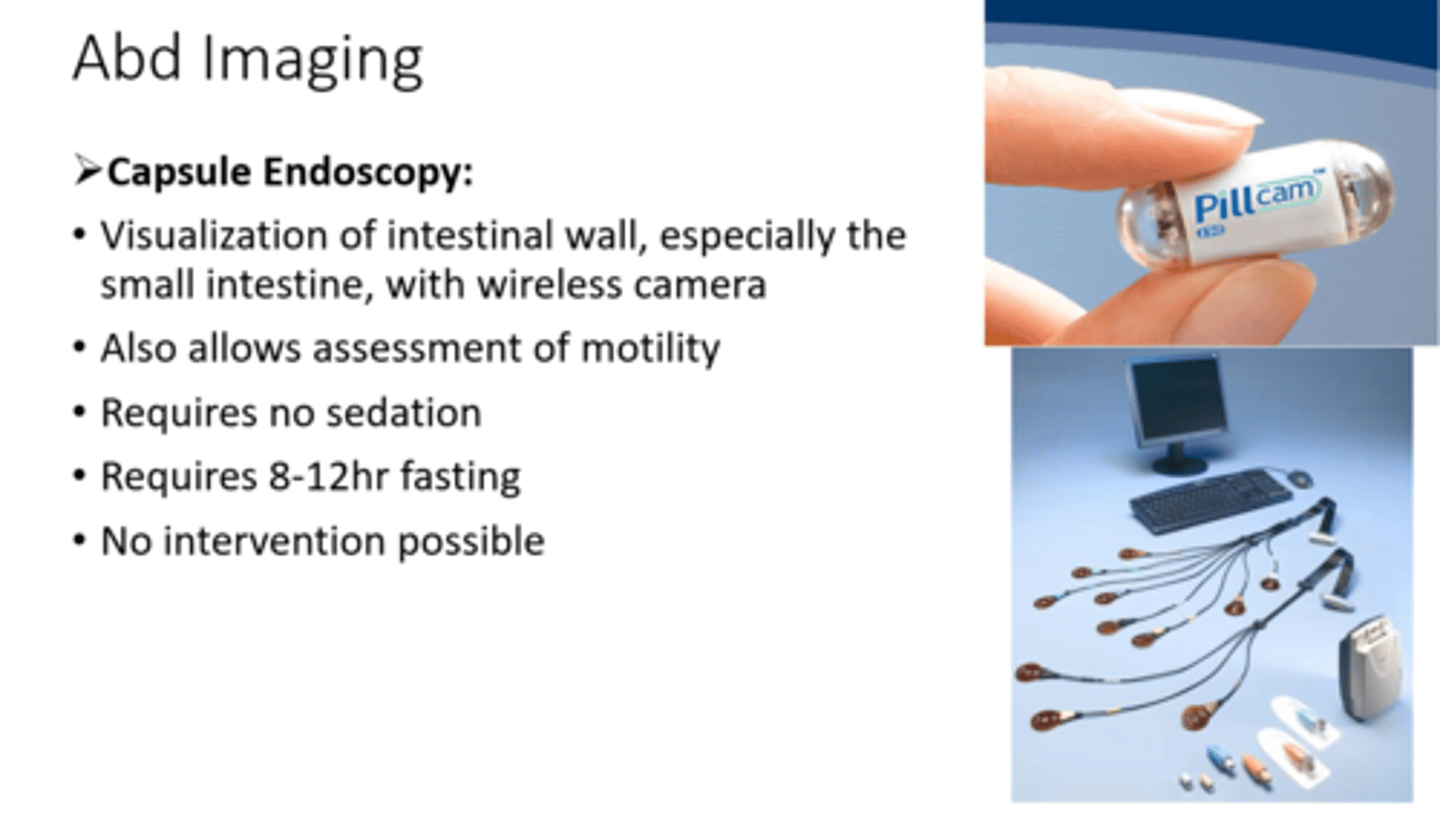 <p>examination of the small intestine made by a tiny video camera placed in a capsule and then swallowed as traditional endoscopy cannot completely access the small intestine because of its length and complexity</p>