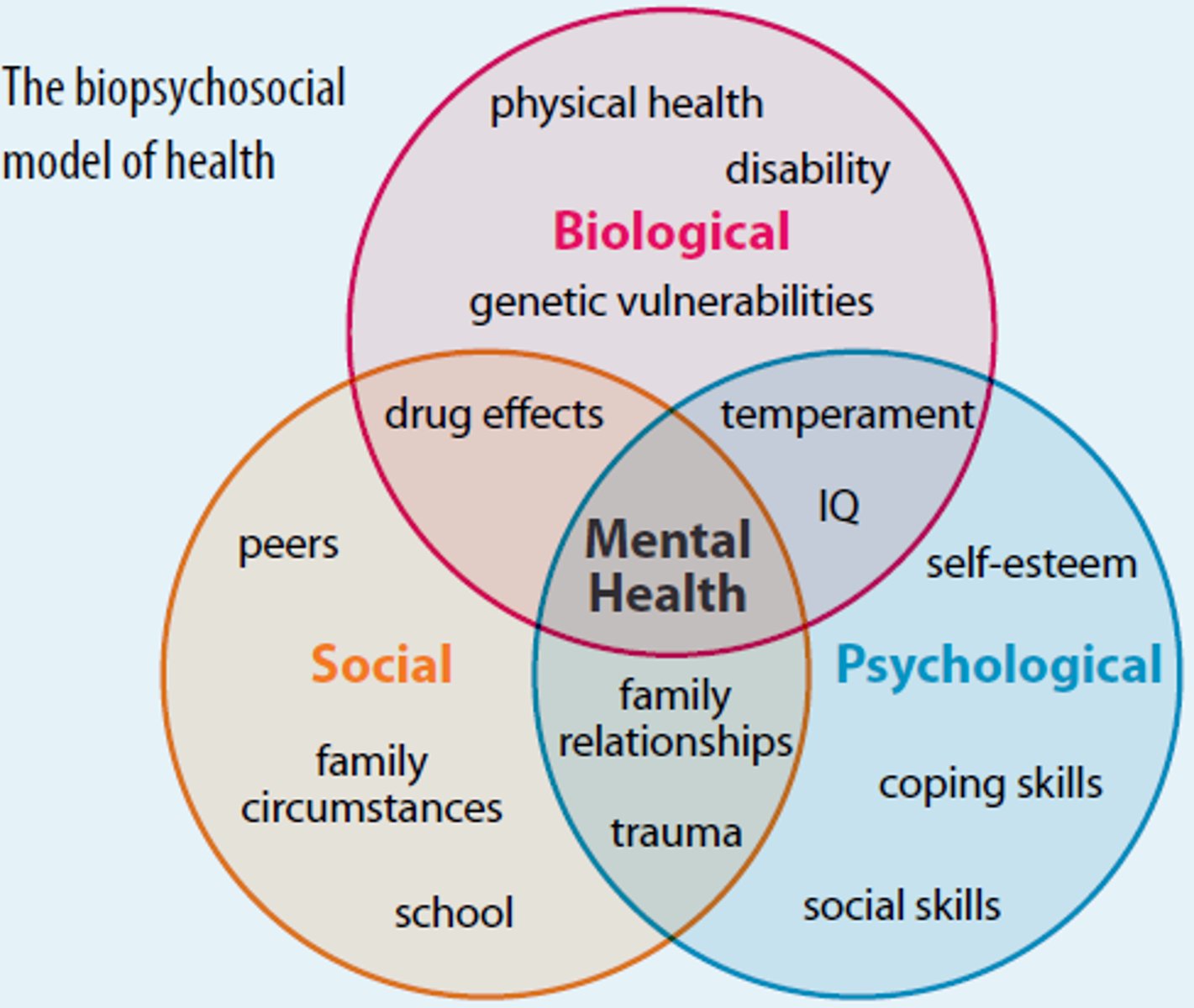 <p>mental illness is viewed with a broad spectrum of factors including biological, psychological, and social</p>