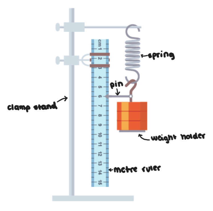 <p>1) Set up the apparatus (shown in diagram)</p><p>2) Record the original position of the pin against the metre ruler</p><p>3) Add 1N (100g) to the weight holder &amp; record the new position of the pin</p><p>4) Calculate the extension of the spring (new pin position - original pin position)</p><p>5) Repeat this method for 2N, 3N, 4N, 5N &amp; 6N</p><p>6) Plot a graph with the results &amp; if the line of best fit is straight &amp; passes through the origin, the spring obeys Hooke’s Law</p>