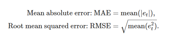 <p>ME the mean of the error.</p><p>RMSE <span>It measures the average difference of the actual data points from the predicted values, and the difference is squared to avoid the cancelation of positive and negative values, while they are summed up.</span></p><p>MAE the absolute mean of the error</p>