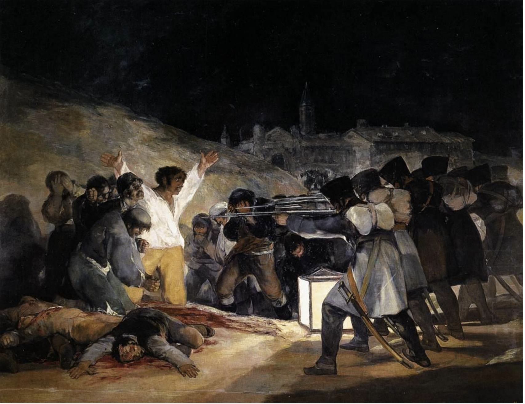 <ul><li><p><span><strong>Key Features</strong>:<br><br></span></p><ul><li><p><span>A stark portrayal of the execution of Spanish civilians by French soldiers.<br><br></span></p></li><li><p><span>Use of light and shadow highlights the innocence and helplessness of the victims.<br><br></span></p></li></ul></li><li><p><span><strong>Memorable Fact</strong>: Goya’s stark realism in this piece makes it a profound anti-war statement.<br><br></span></p></li></ul><p></p>