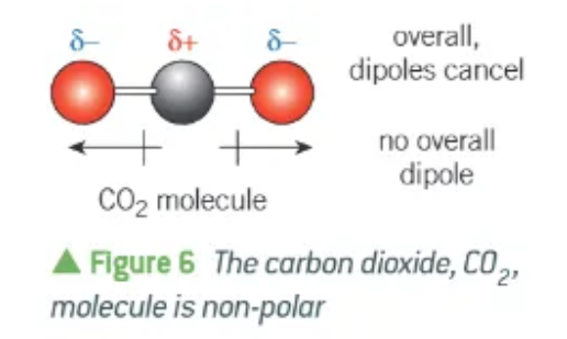 <ol><li><p>both C=O bonds are polar, and have permanent dipoles </p></li><li><p>the 2 dipoles act in opposite directions, exactly opposing each other </p></li><li><p>the whole molecule + dipoles cancel out → overall dipole = 0</p></li></ol><p></p>