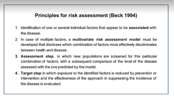 <ol><li><p>factors associated with the disease</p></li><li><p>If multifactorial: a multiverse risk assessment model</p></li><li><p>assessment step - screen populations</p></li><li><p>target step - exposure to factor is reduced by prevention or intervention and the effectiveness in this approach in supressing disease</p></li></ol><p></p>