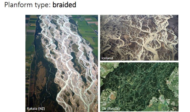 <p>Braided rivers are many channels that cut across each other, these channels are separated by active gravel sediment (temporary bars)</p>