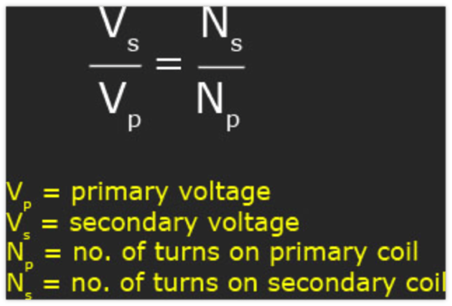 <p>when the voltage is increased from primary to secondary it is called a step-up transformer; when the voltage is decreased from primary to secondary it is called a step-down transformer, expressed as</p>