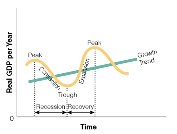 1. Expansion: output (real GDP) rising significantly
2. Peak: expansion comes to end; output @highest point 
3. Contraction: economy slowing down
4. Trough: output stops declining; business activity @lowest point 