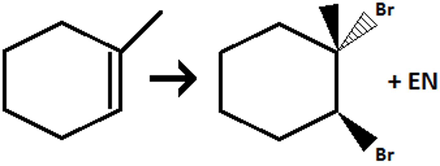 <p>(bromination) anti addition of two Br's (it can also be another halogen like I or Cl)</p>