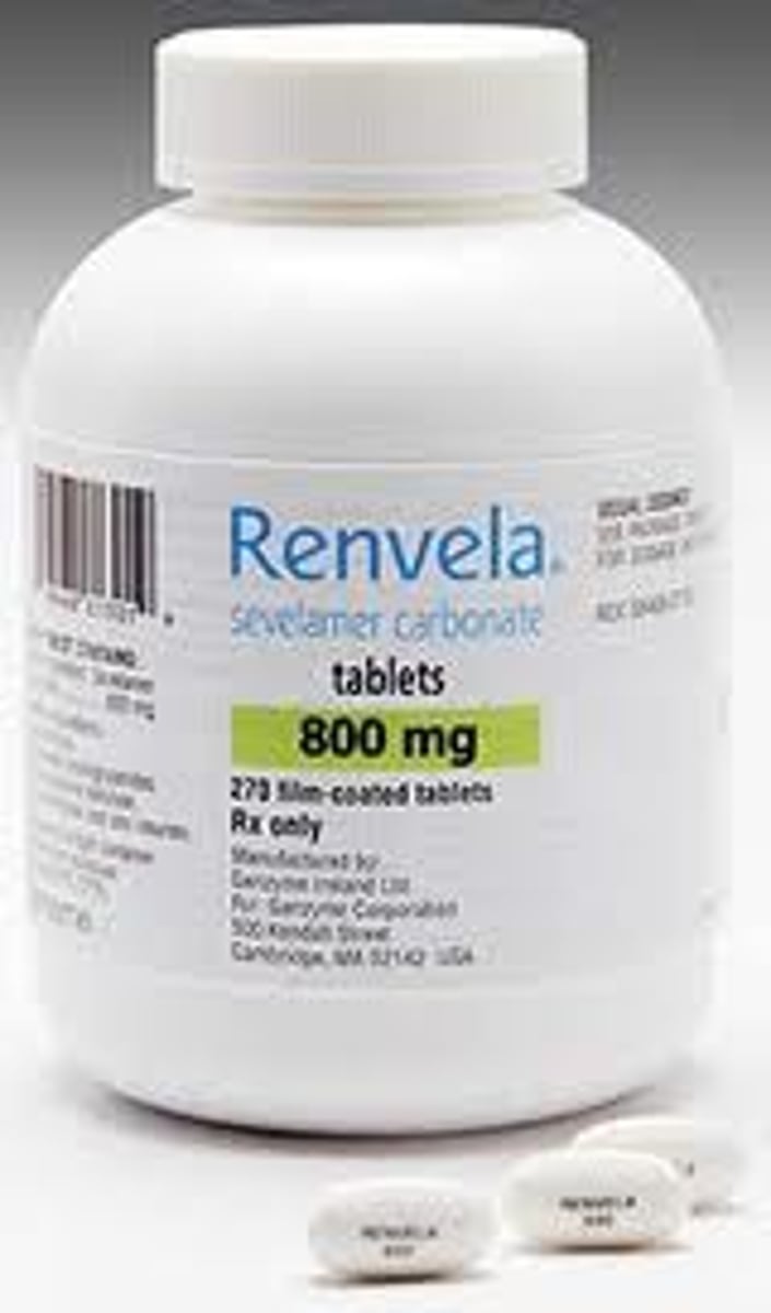 <p>Sevelamer</p><p>Phosphate binder</p><p>High phosphate levels in patients with kidney disease</p>
