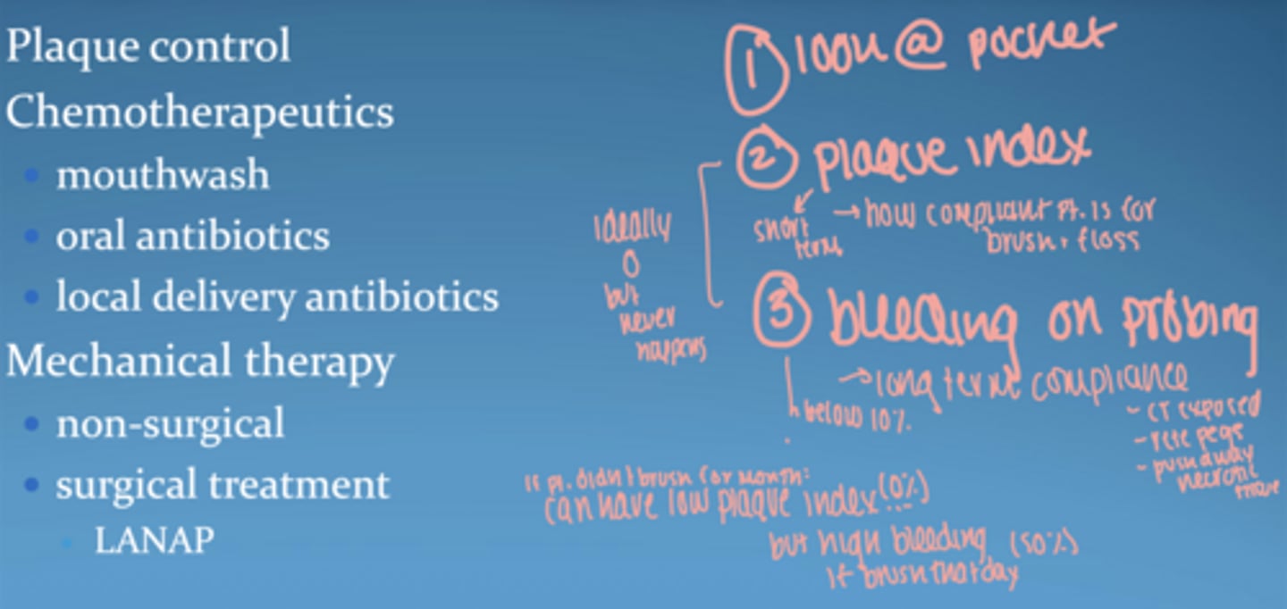 <p>reduce inflammation & biofilms</p><p>methods:</p><p>- plaque control</p><p>- mouthwash</p><p>- antibiotics</p><p>-scaling/ root planing</p><p>-surgery</p>