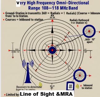 <p class=""><strong>Very High Frequency Omni-Directional Range</strong></p><ul><li><p class=""><strong>108–118 MHz</strong> band.</p></li><li><p class="">Ground-station transmits <strong>360 radials</strong> (1° apart),</p></li><li><p class=""><strong>Radials =Outbound</strong> From station <strong>Courses =Inbound</strong> To station.</p></li><li><p class=""><strong>Receivers </strong>used to determine bearing <strong><em>From/To</em> </strong>the station.</p></li></ul><p><strong>Limited by:</strong></p><ul><li><p class=""><strong>Line of sight</strong>– obstacles block signal.</p></li><li><p class=""><strong>Minimum Reception Altitude (MRA)</strong>— minimum usable altitude on charts.</p></li></ul><p class=""><strong>Usage in Flight</strong></p><ul><li><p class="">Common during <strong>departure, descent, and landing</strong>.</p></li><li><p class=""><strong>Tracked </strong>using the</p><p class=""><strong>CDI</strong> (Course Deviation Indicator) with</p><p class=""><strong>OBS </strong>(Omni Bearing Selector).</p></li></ul><p></p>