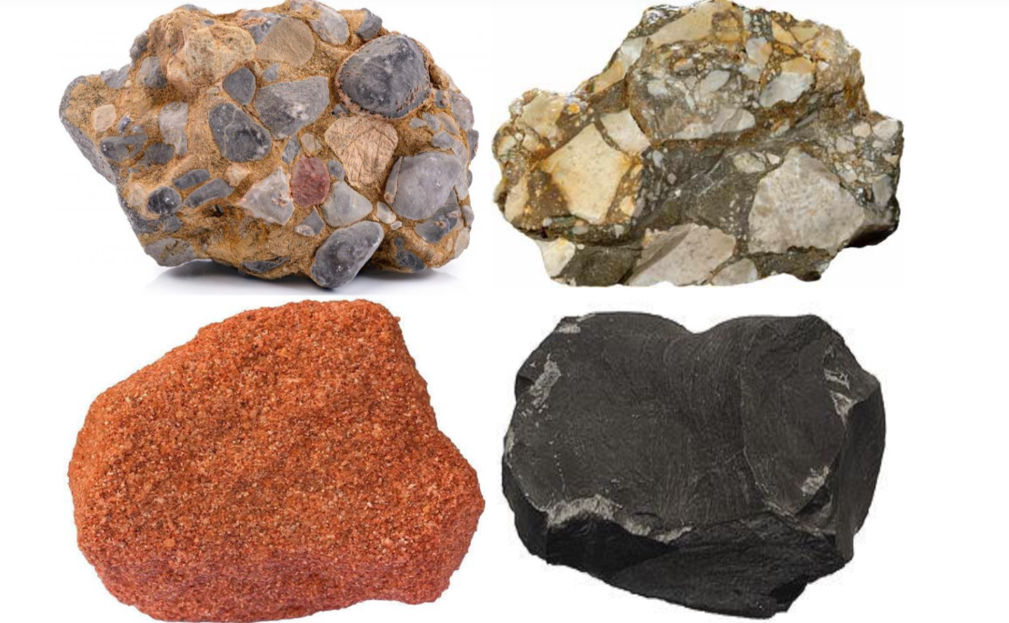 <p><strong>FORMED FROM ERODED PARTS OF OTHER ROCKS</strong></p><ul><li><p><strong>GRAINS, MATRIX & CEMENT: </strong>components of clastic rocks</p></li></ul><p></p>