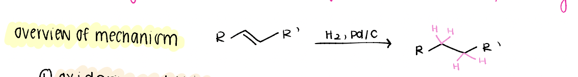 <p>oxidative addition, migratory insertion (Pd inserts itself onto the alkene), then reductive elimination</p>