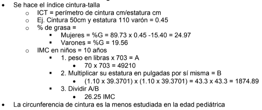 <p><a target="_blank" rel="noopener noreferrer nofollow" href="http://8.La"><strong><span style="color: purple">8.La</span></strong></a><strong><span style="color: purple"> problemática del diagnóstico del sobrepeso y obesidad en la infancia </span></strong></p><ul><li><p><strong>índice cintura-talla (ICT)</strong>: </p></li><li><p><strong>Porcentaje de grasa corporal de la infancia:</strong> </p></li><li><p><strong>Fórmula para calcular el índice de masa corporal en niños </strong></p></li><li><p><strong>1m o 1cm a pulgadas</strong></p></li></ul>