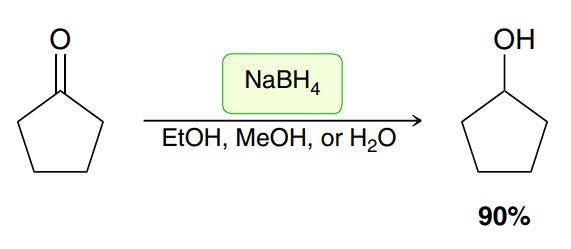 <p>NaBH4 adds an H- to the carbonyl carbon, alkene breaks, (EtOH, MeOH, or H₂O) adds an H to the Oxygen to form an OH (no leaving group involved) (a reducing like H3O+) (check for chiral centers → stereochemistry)</p>