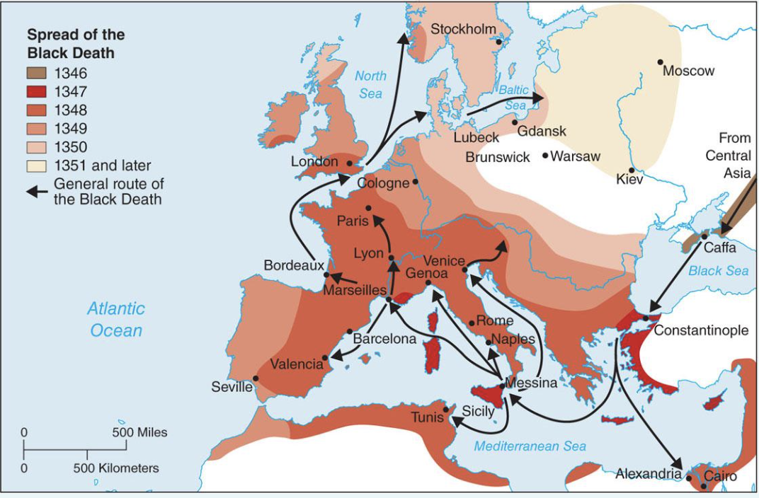 <p>According to the map (above), the Black Death (the Bubonic Plague) originated</p>