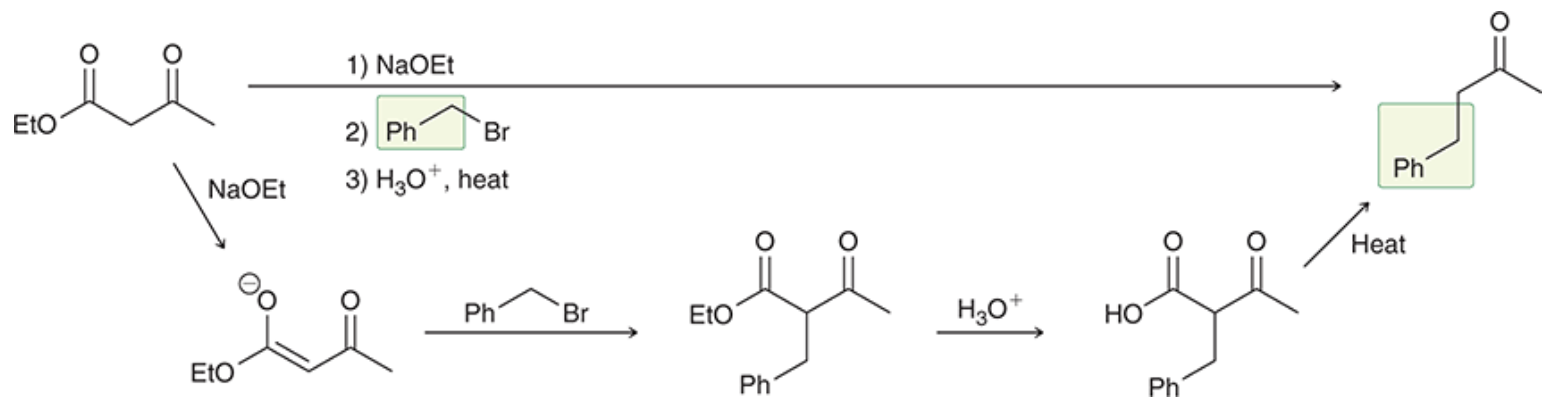 <ul><li><p>Acetoacetic ester synthesis</p><ul><li><p>Results in an alkylation product while preventing polyalkylation</p></li><li><p>Hydronium results in reduction of the ester to a carboxylic acid</p></li><li><p>Heat results in cleavage to loose the carboxylic acid group</p></li></ul></li></ul><p></p><p></p>