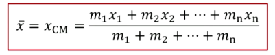 <p>X<sub>cm</sub> = (m<sub>1</sub>x<sub>1</sub> + m<sub>2</sub>x<sub>2</sub> +…+m<sub>n</sub>x<sub>n</sub>)/(m<sub>1</sub> + m<sub>2</sub> + … + m<sub>n</sub>)</p><p>m = mass</p><p>x = position relative to start point (can set anywhere, like an end point)</p><p>Ex: teeter totter, mobile, etc.</p><p>If the rod has mass, act like it is all located at the center point of the rod</p>