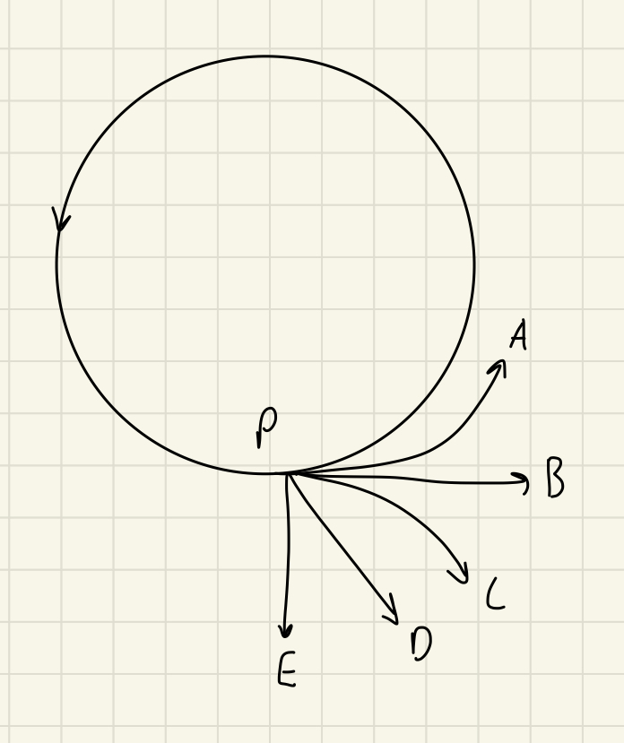 <p>A girl attaches a rock to a string, which she then swings counter-clockwise in a horizontal circle.  The string breaks when the rock is at point P in the figure, which shows a bird’s eye view (as seen from above).  Which path (A-E) will the rock follow?</p>