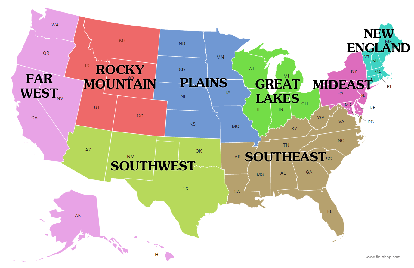 <p>Far west/pacific Coast</p><p>Rocky Mountains</p><p>Southwest</p><p>Southeast</p><p>Great Plains</p><p>Great Lakes </p><p>Mideast </p><p>New England </p>