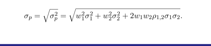 <ul><li><p>σ2/1 and σ2/2 are respectively the variance of assets 1 and 2.</p></li><li><p>w1 and w2 are weights.</p></li><li><p>ρ1,2 denotes the correlation coefficient.</p></li></ul><p></p>