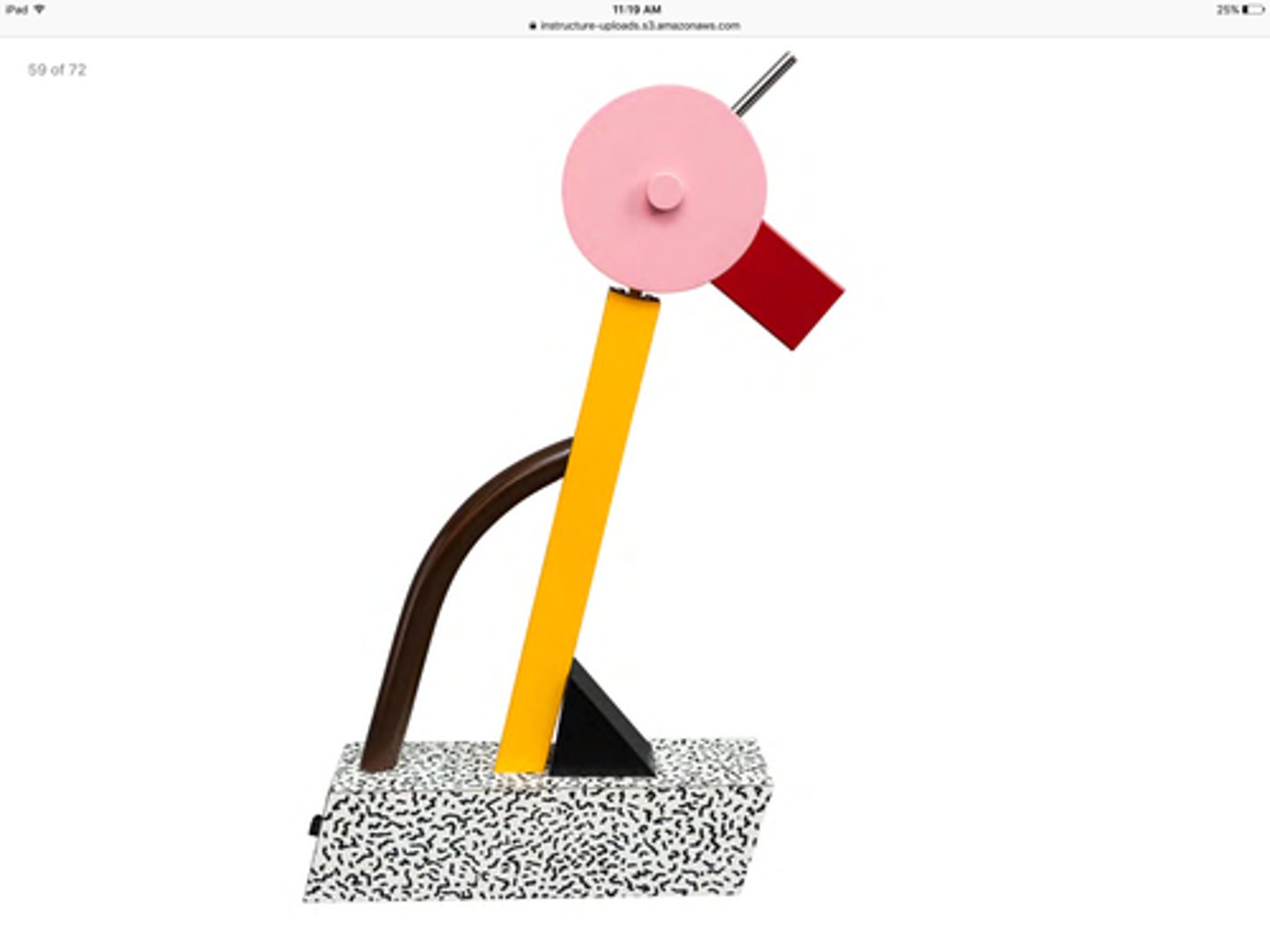 <p>1980s</p><p>➜ Bold, colourful and playful designs - used bright colours</p><p>➜ Simplistic juxtapositions of geometric positions - used geometric forms in seemingly random positions</p><p>➜ Challenging forms that compromised on function - sculptural designs took precedence over functionality</p><p>Memphis group, Mark Newson, Danny Lane, Phillipe Starck</p>