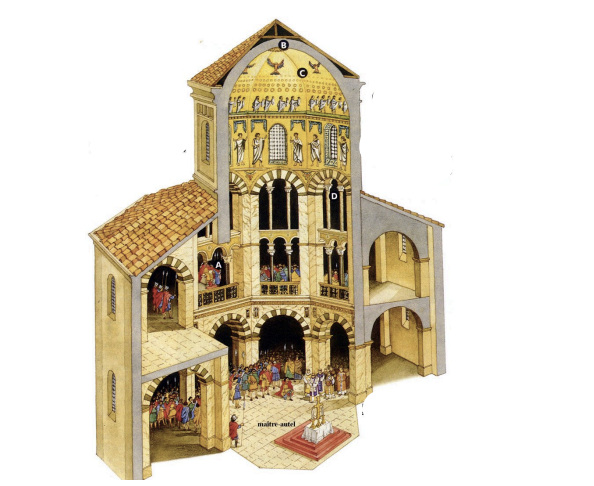 <ul><li><p>Built by Emperor Charlemagne as part of his palace complex.</p></li><li><p>Served as Charlemagne’s palace chapel and later became his burial site.</p></li><li><p>Architect: Odo of Metz.</p></li><li><p>Inspired by Byzantine architecture, especially San Vitale in Ravenna.</p></li><li><p>Features an octagonal plan with a domed central space.</p></li><li><p>Symbol of Charlemagne’s authority and the revival of the Roman Empire in the West.</p></li></ul><p></p>