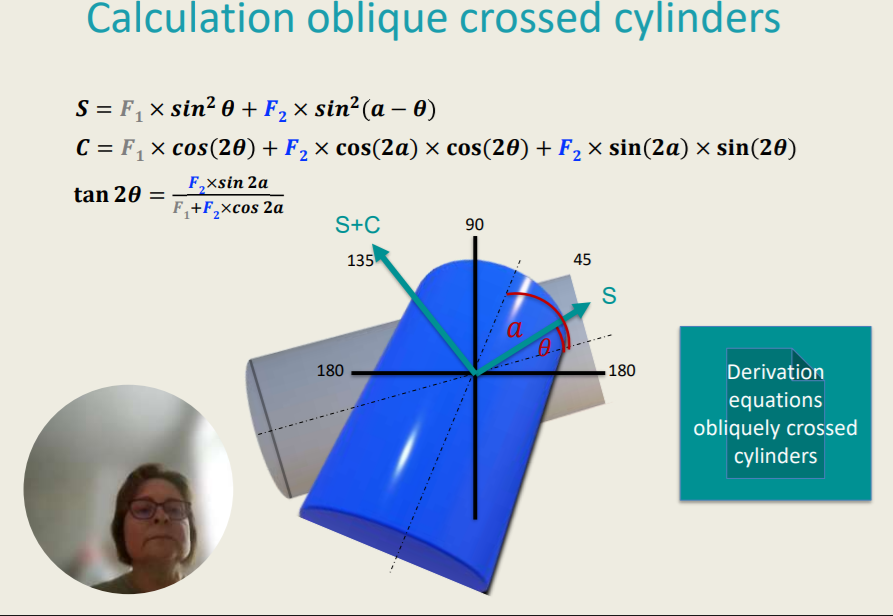 <p>Oblique Crossed Cyinders</p><ul><li><p>If two cylinders are crossed at an angle ≠ 90°.</p></li><li><p>An application of this is the “Stoke lens” in an autorefractor. It consists of two planocylinder lenses with equal magnitude plusand minus powers. The plano surfaces are mounted to be rotated in opposite directions.</p></li><li><p>An implication of it is, that if the patient is not corrected in the exact axis position (i.e. subjective refraction, retinoscopy in astigmatism) a new cylinder will be produced (which is hardly predictable without calculation).</p></li><li><p>𝑺 = 𝑭𝟏 × 𝒔𝒊𝒏<sup>𝟐</sup> 𝜽 + 𝑭𝟐 × 𝒔𝒊𝒏<sup>𝟐</sup> (𝒂 − 𝜽 )</p></li><li><p>𝑪 = 𝑭𝟏 × 𝒄𝒐𝒔 (𝟐𝜽) + 𝑭𝟐 × 𝐜𝐨𝐬(𝟐𝒂) × 𝐜𝐨𝐬(𝟐𝜽) + 𝑭𝟐 × 𝐬𝐢𝐧 (𝟐𝒂) × 𝐬𝐢𝐧 (𝟐𝜽)</p></li><li><p> 𝐭𝐚𝐧 𝟐𝜽 = 𝑭𝟐 × 𝒔𝒊𝒏 𝟐𝒂 / 𝑭𝟏+𝑭𝟐 ×𝒄𝒐𝒔 𝟐𝒂</p></li></ul><p>If the patient is not corrected in the exact axis position a new cylinder is produced. True or False?</p>